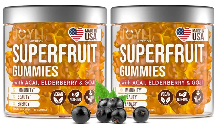2 Pack – Multivitamin Fruit Gummies Vitamins A, C, D & E for Adults and Kids – Superfruit Gummy for Women&Men with Goji, Elderberry – Supports Immunity, Digestion&Energy – 60 Chewable Veggie Gummies