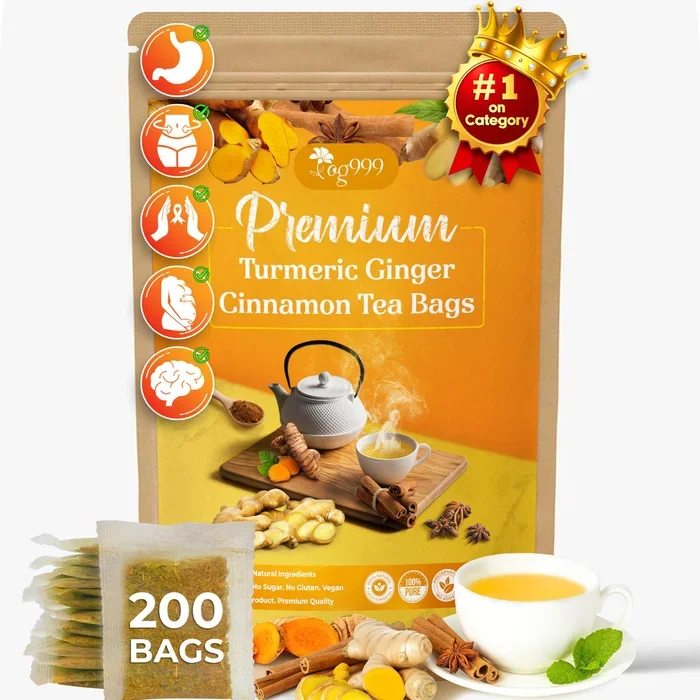 200 Bags Premium Turmeric Ginger Cinnamon Tea, Improve Digestion, Support Brain, Weight, Skin and Sleep, Eco-Conscious Tea Bags and Premium Natural Ingredients. Turmeric Ginger Herbal Tea. No Sugar, No Caffeine, No Gluten, Vegan.