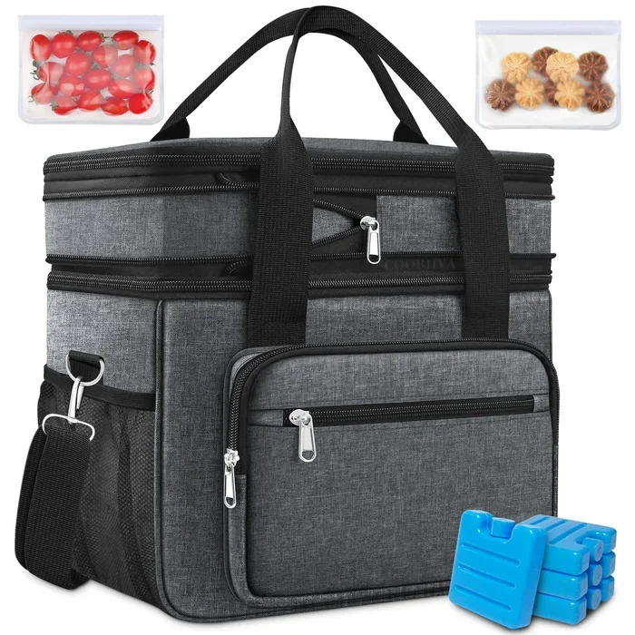 23L Extra Large Expandable Insulated Cooler Lunch Box for Men Double Deck Leakproof Heavy Duty Lunch Bag with 4 Ice Packs&2 Snack Bags for Adult/Construction/Women/Work/Picnic/Camping – Dark Gray