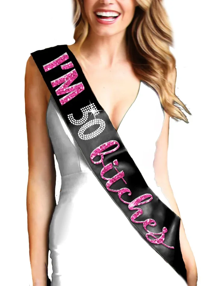 50th Birthday Black Decorations – Hot Pink Sparkle with Rhinestones “I’m 50 Bitches!” Premium Satin Sash Sash – 50th Birthday Gifts for Women – Black Sash(Im50Btchs HP) BLK