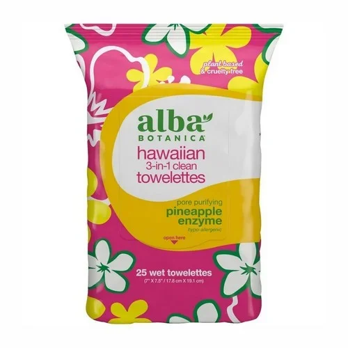 Alba Botanica, Hawaiian 3-In-1 Towelettes Pineapple Enzyme, 30 Count