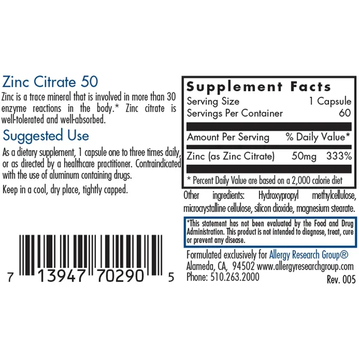 Allergy Research Group Zinc Citrate 50mg 60c