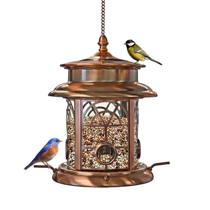Arched Lattice Solar Powered Led Bird Feeder for Yard Outside Outdoor Garden Decoration Hanging Birdfeeder – Antique Copper