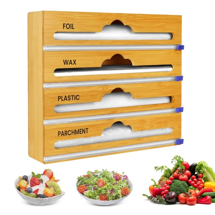 Aurabite Bamboo 4 in 1 Saran Wrap Dispenser with Cutter & Labels – Foil & Plastic Wrap Organizer – Aluminum Foil Wax & Parchment Wrapping Paper Storage for Kitchen Drawer – 12″ Roll