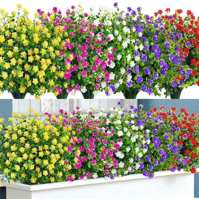 Bassion 20 Bundles Artificial Flowers for Outdoors Decoration UV Resistant Faux Flowers Fake Plastic Plants Shrubs for Indoor Outside Garden Porch Hanging Planter Window Box Home Decor