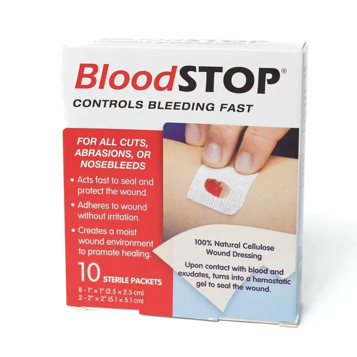 BloodSTOP-Hemostatic Dressing: Controls Bleeding Fast, Natural, Plant-Based Wound Dressing, Cuts, Road Rash, Abrasions, Nosebleeds, Bleeding Control Kit, Stop The Bleed Kit – Safe for All Ages, 10 Ct