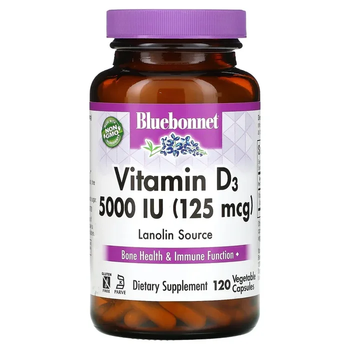 Bluebonnet, Vitamin D3, 125 mcg (5000 IU), Lanolin Source, 120 Vegetable Capsules