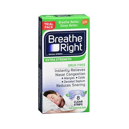 Breathe Right, Nasal Strips Extra Strength Clear For Sensitive Skin, 8 Count