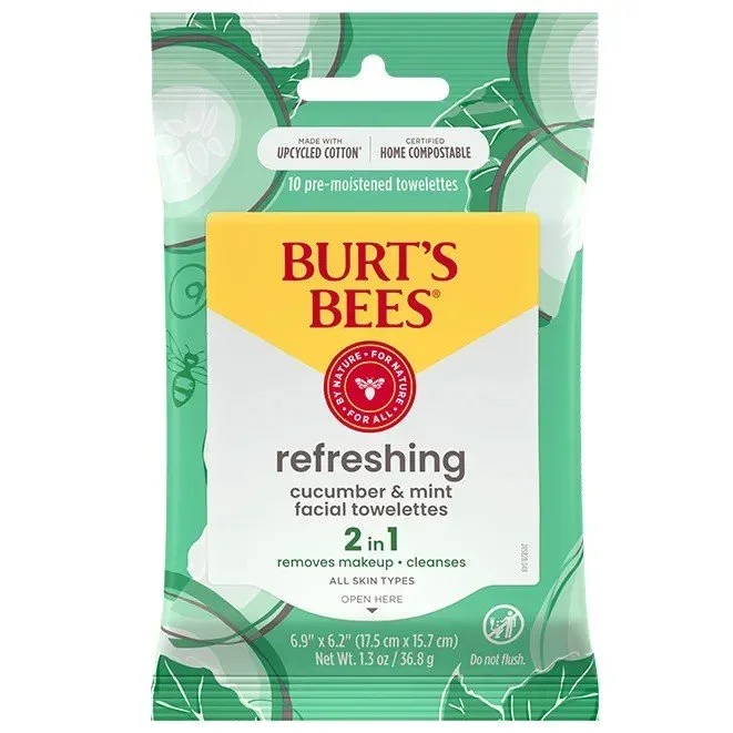 Burt’s Bees Refreshing 2-in-1 Facial Towelettes with Cucumber & Mint 10 Towelette