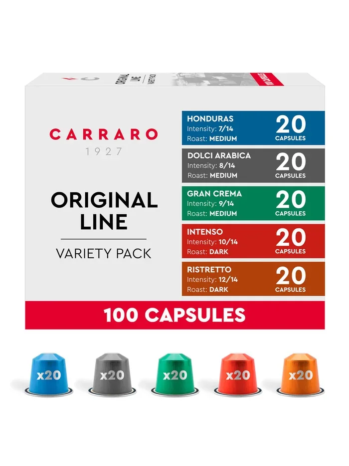 CARRARO 1927 Variety Pack Delicious Coffee Capsules – 100 Aluminum Coffee Pods Compatible with Nespresso Original line, Medium and Dark Roast, Made in Italy