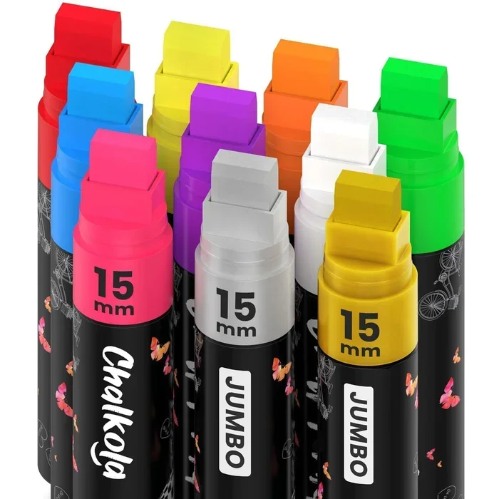 Chalkola Neon Car Window Markers – 10 Chalk Pens (with Gold, Silver) – 3 in 1 Nib, 15mm Jumbo Tip – Washable Liquid Chalk Markers for Blackboard, Chalkboard, Glass, Cars – Erasable Window Glass Pens