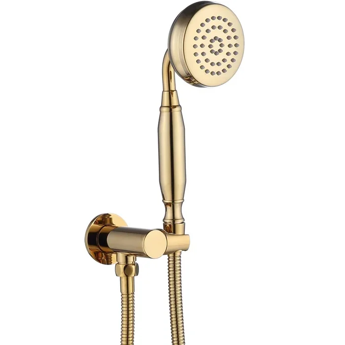 ENGA Brass Vintage Hand Held Sprayer Telephone Handheld Shower Head with Bracket Adjustable Supply Elbow Wall Connector Shower Holder and Hose Showerheads Set, Bright Gold