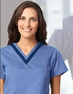 Fashion Seal Uniforms – Scrub Shirt Large Ceil Blue / Navy 2 Pockets Short Set-In Sleeve Female – 7575-L