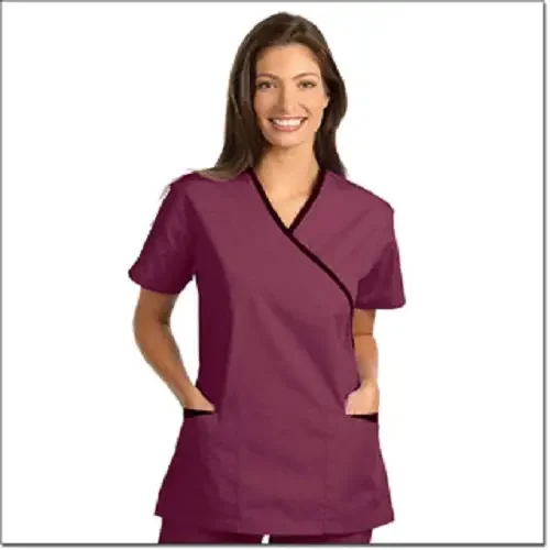 Fashion Seal Uniforms – Scrub Shirt Small Burgundy / Black 2 Pockets Short Set-In Sleeve Female – 7001-S