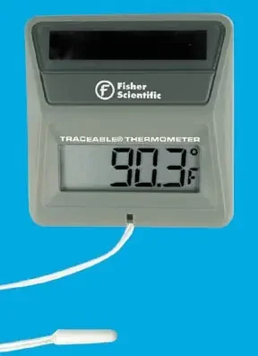 Fisher Scientific Traceable – Digital Thermometer with Alarm Fahrenheit / Celsius -58° to +158°F (-50° to +70°C) Short Epoxy Sensor Wall Mount Solar Power / Battery Backup – 1507720