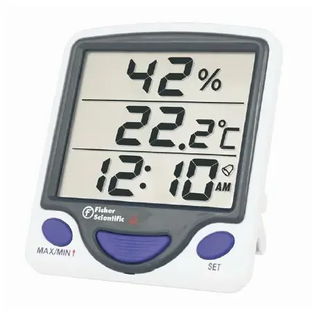 Fisherbrand – Digital Thermometer / Hygrometer Fahrenheit / Celsius -58° to +158°F (-50° to +70°C) Internal Sensor Flip-out Stand Battery Operated – S01572