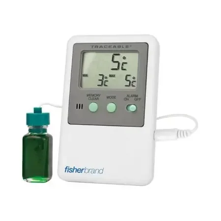 Fisherbrand Traceable – Digital Refrigerator / Freezer Thermometer with Alarm Fahrenheit / Celsius -58° to +158°F (-50° to +70°C) Bottle Probe Door / Wall Mount Battery Operated – S66277