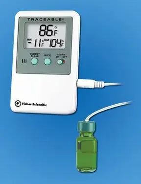 Fisherbrand Traceable – Digital Refrigerator / Freezer Thermometer with Alarm Fahrenheit / Celsius -58° to +158°F (-50° to +70°C) Bottle Probe Door / Wall Mount Battery Operated – S66278