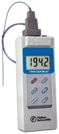 Fisherbrand Traceable – Digital Thermometer Fahrenheit / Celsius -328° to +2372°F (-200° to +1300°C) Type K Thermocouple Probe Battery Operated – 15078186