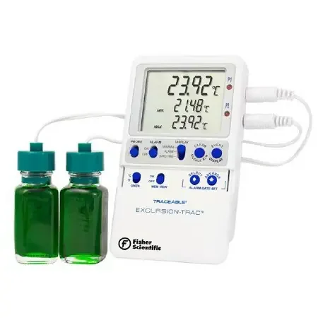 Fisherbrand Traceable Excursion-Trac – Datalogging Refrigerator / Freezer Thermometer with Alarm Fahrenheit / Celsius -58° to +158°F (-50° to +70°C) 2 Bottle Probes Multiple Mounting Options AC Adaptor / Battery Backup – 15081124