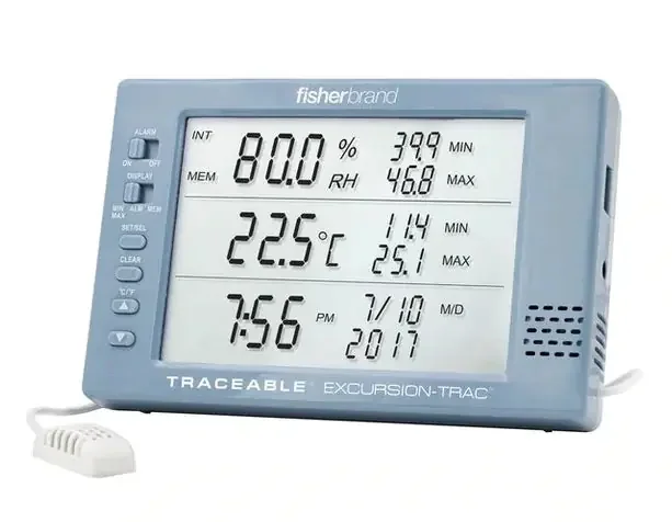 Fisherbrand Traceable Excursion-Trac – Datalogging Thermometer / Hygrometer with Alarm Fahrenheit / Celsius 0° to 65°C External Probe Multiple Mounting Options Battery Operated – 15079665