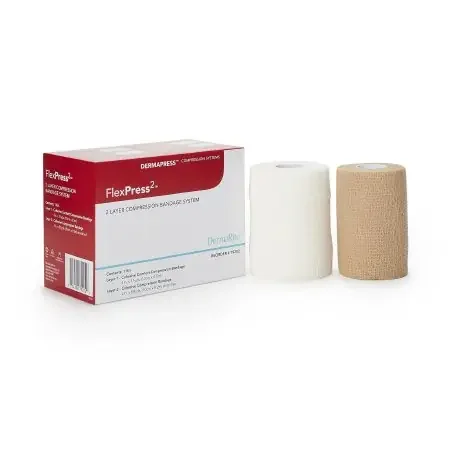 FlexPress2 – 2 Layer Compression Bandage System 4 Inch X 7-1/10 Yard / 4 Inch X 8-9/10 Yard Standard Compression Self-adherent Closure Tan / White NonSterile – 79202