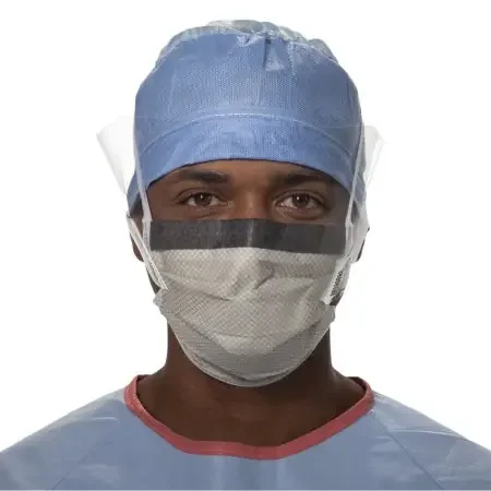 FluidShield – Surgical Mask with Eye Shield Anti-fog Foam Pleated Tie Closure One Size Fits Most Blue / Orange NonSterile ASTM F2100-11 Level 2 Adult – 62114