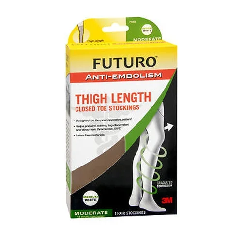 Futuro, Medical Compression Anti-Embolism Thigh Length Closed Toe Stockings Medium White Moderate 71065, 1 Pair