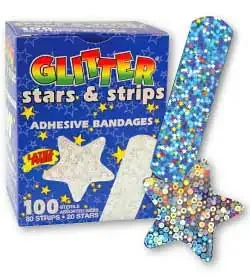 Glitter – Adhesive Strip 1-3/4 Inch / 3/4 X 3 Inch Plastic Rectangle / Star Kid Design ( Stars and Stripes) Sterile – AB48