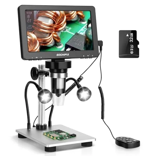 GOCHIFIX 7″ LCD Digital Microscope 1200X for Adults,12MP 1080P Solding USB Microscope with 10 LED Lights-Ideal for Coin Collectors Electronics Enthusiasts, Windows/Mac OS Compatible,PC View, 32GB