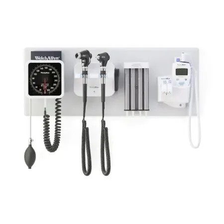 Green Series 777 – Wall Transformer Welch Allyn Integrated Wall System with PanOptic Plus LED Ophthalmoscope, MacroView Plus LED Otoscope for iExaminer, BP Aneroid, Ear Specula Dispenser, and SureTemp Plus Thermometer – 777-PM3WAS-US
