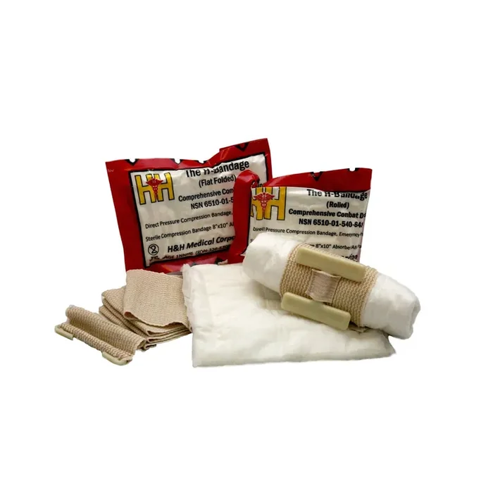 H-Bandage – Trauma Pressure Dressing with Wrap 1 X 4 X 10-1/2 Inch Flat Fold Standard Compression Cinch Closure Tan / White 8 X 10 Inch Pad Sterile – HBFF01