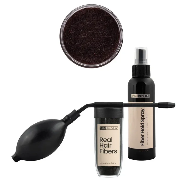 Hair Illusion Combo Kit – Hold Spray, 38g Hair Fiber Bottle, Applicator & Hairline Optimizer (Brown)