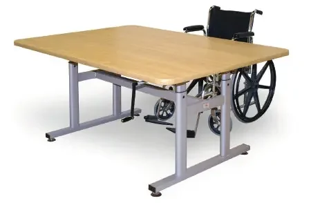 Hausmann Industries – Crank Hi-Lo Table 60 L X 28 W X 27 to 39 H Inch Natural Oak High Pressure Laminate Top / Steel Frame – 4324