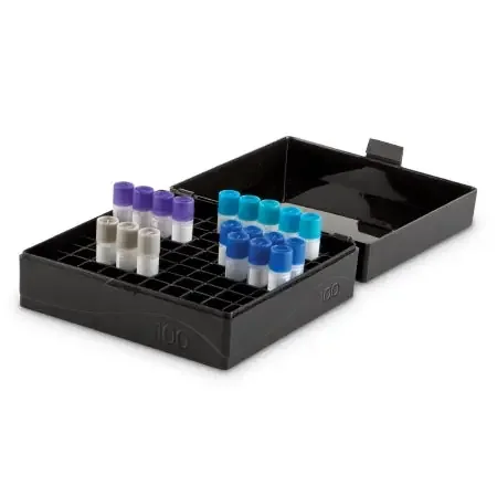 Heathrow Scientific – Cryo Storage Box 2-1/5 X 5-3/5 X 6 Inch Black Polypropylene 100 Tube Capacity – 120043