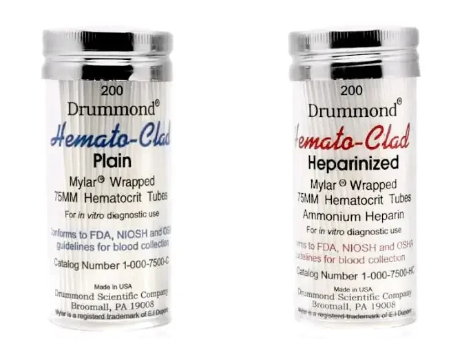 Hemato-Clad – Capillary Blood Collection Tube Micro-hematocrit Ammonium Heparin Additive 75 mm Length 40 µL Red Stripe Without Closure Mylar Wrapped Glass Tube – CNT-HTMC-HP77