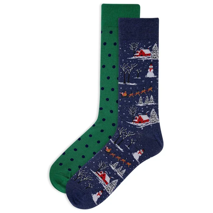 Hot Sox Men’s Christmas Scene Crew Socks 2 Pair, Denim Assort, Men’s 10-13