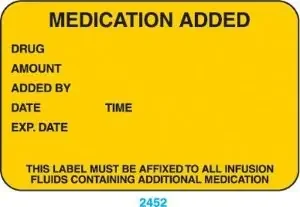 Indeed – Pre-Printed Label Anesthesia Label Yellow Paper Medication Added Drug_Amount_Added by_Date_ Black Medication Instruction 1-3/4 X 2-3/4 Inch – 2452