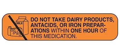 Indeed – Pre-Printed Label Auxiliary Label Orange Paper Do Not Take Dairy Products, Antacids or Iron Preparations Within One Hour of This Medication Black Safety and Instructional 3/8 X 1-5/8 Inch – 2004