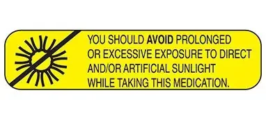 Indeed – Pre-Printed Label Auxiliary Label Yellow Paper You Should Avoid Prolonged Or Excessive Exposure To Direct And/Or Artificial Sunlight While Taking This Medication Black Safety and Instructional 3/8 X 1-5/8 Inch – 2011
