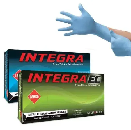 Integra EC – Exam Glove Medium NonSterile Nitrile Extended Cuff Length Fully Textured Blue Not Chemo Approved – N872