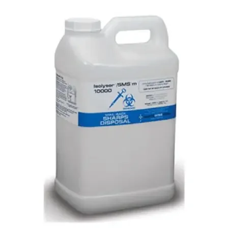 Isolyser SMSm – Mailback Sharps Container 15-1/2 H X 6-3/4 W X 8-3/4 D Inch 10 Liter Translucent Base / White Lid Vertical Entry Screw On Lid – SMS10000M