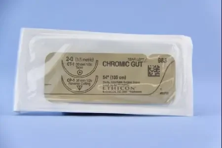J & J Healthcare Systems – Suture with Needle Absorbable Uncoated Undyed Suture Chromic Gut Size 2 – 0 54 Inch Suture Double-Armed 36 mm Length 1/2 Circle Taper Point Needle / Reverse Cutting Needle – 983H