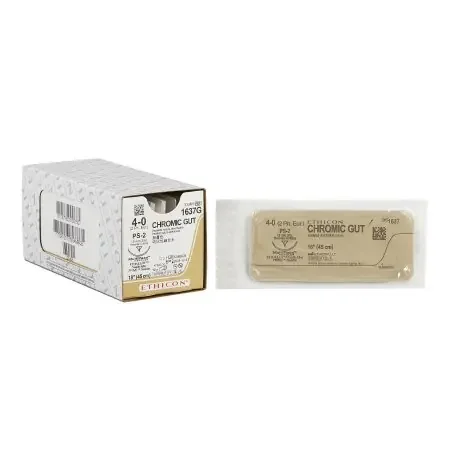 J & J Healthcare Systems – Suture with Needle Absorbable Uncoated Undyed Suture Chromic Gut Size 4 – 0 18 Inch Suture 1-Needle 19 mm Length 3/8 Circle Precision Point – Reverse Cutting Needle – 1637G