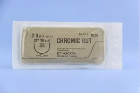 J & J Healthcare Systems – Suture with Needle Absorbable Uncoated Undyed Suture Chromic Gut Size 2 – 0 27 Inch Suture 1-Needle 36.4 mm Length 5/8 Circle Taper Point Needle – U245H