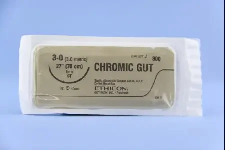 J & J Healthcare Systems – Suture with Needle Absorbable Uncoated Undyed Suture Chromic Gut Size 3 – 0 27 Inch Suture 1-Needle 40 mm Length 1/2 Circle Taper Point Needle – 800H