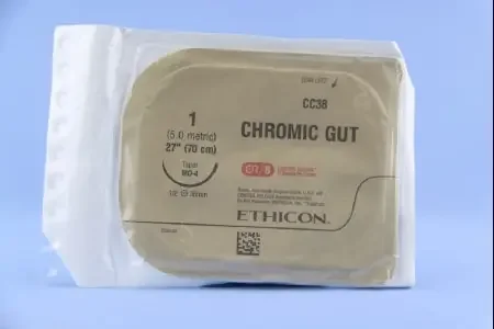 J & J Healthcare Systems – Suture with Needle Absorbable Uncoated Undyed Suture Chromic Gut Size 1 27 Inch Suture 1-Needle 36.4 mm Length 1/2 Circle Taper Point Needle – CC38G