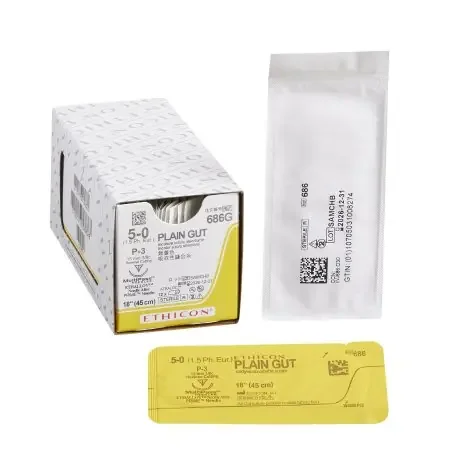 J & J Healthcare Systems – Suture with Needle Absorbable Uncoated Undyed Suture Plain Gut Size 5 – 0 18 Inch Suture 1-Needle 13 mm Length 3/8 Circle Precision Point – Reverse Cutting Needle – 686G