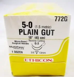 J & J Healthcare Systems – Suture with Needle Absorbable Uncoated Undyed Suture Plain Gut Size 5 – 0 18 Inch Suture Double-Armed 13 mm Length 3/8 Circle Reverse Cutting Needle – 772G