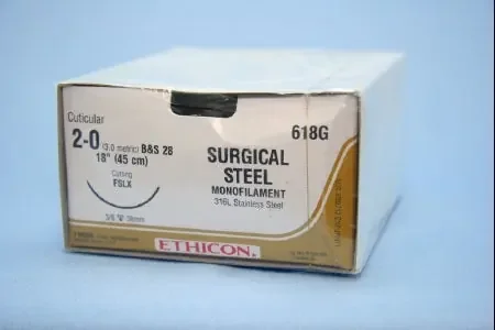 J & J Healthcare Systems – Suture with Needle Nonabsorbable Uncoated Silver Suture Stainless Steel Size 2 – 0 18 Inch Suture 1-Needle 36 mm Length 3/8 Circle Reverse Cutting Needle – 618G
